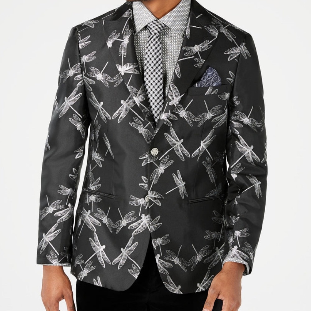 TALLIA SLIM-FIT BLACK SILVER DRAGONFLY JACQUARD DINNER JACKET 36R